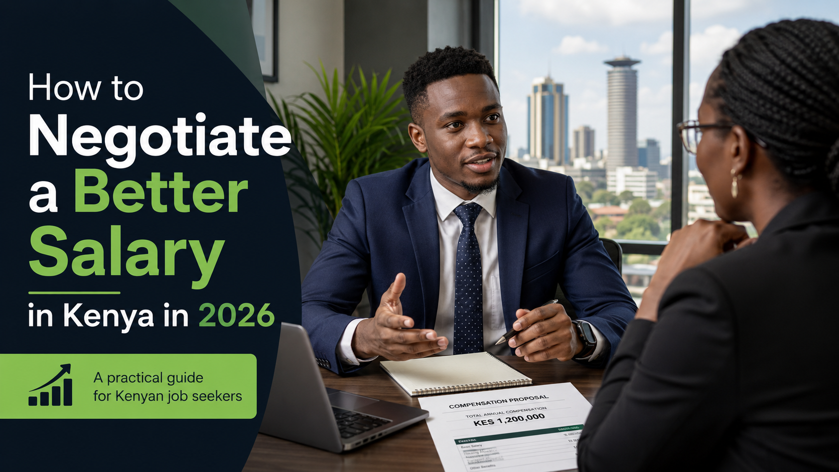 Professional in Nairobi office reviewing salary offer letter during job negotiation in 2026