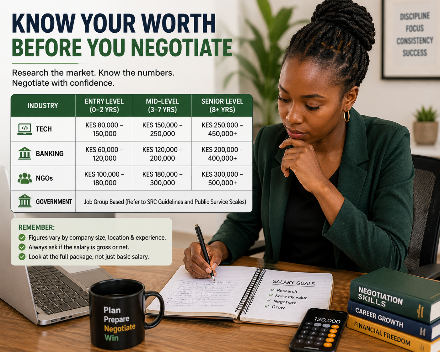 A young Kenyan professional reviewing salary negotiation notes beside an infographic showing salary ranges across tech, banking, NGOs, and government sectors.